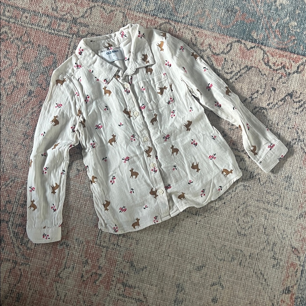Old Navy Toddler Girls Long Sleeve Deer & Flower Print Button Up Size 5t